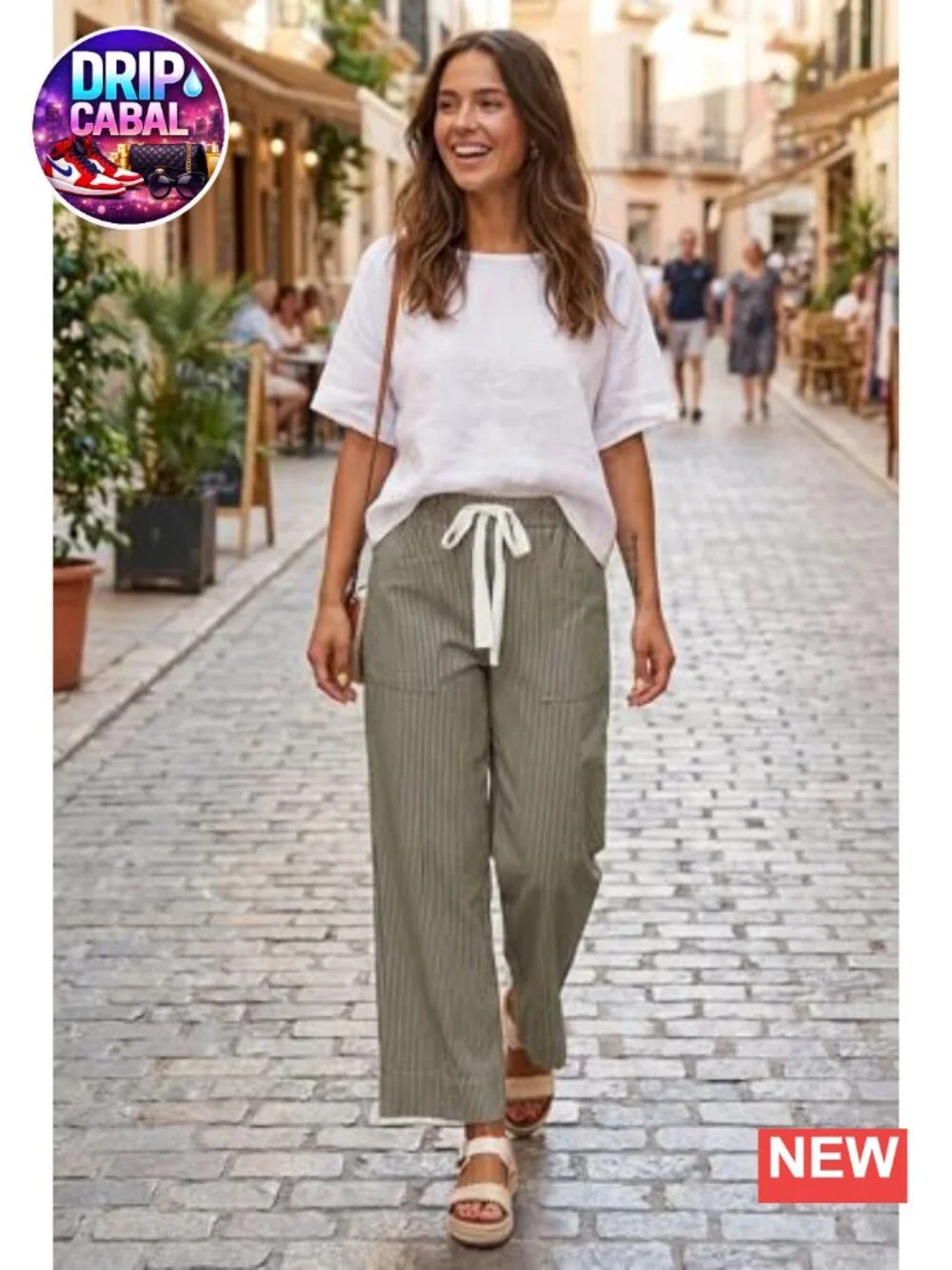 Elastic High Waist Striped Wide Leg Pants